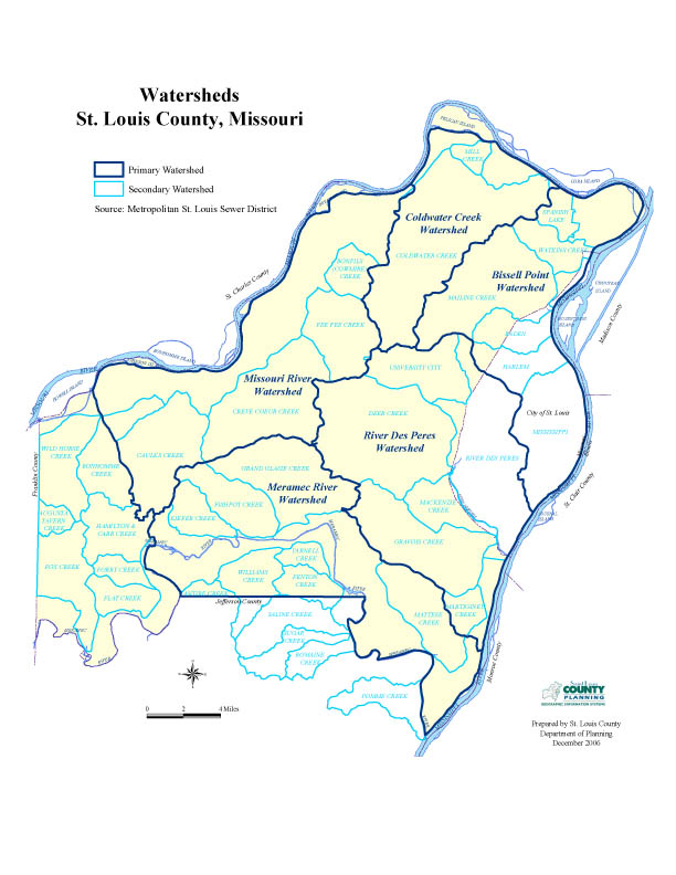 primary and secondary watershed locations in St. Louis County, Missouri
